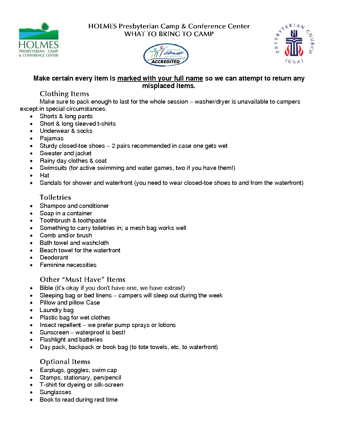 Overnight Camp Packing List Here Holmes Camp Retreat Center overnight-camp-packing-list-here-holmes-camp-retreat-center